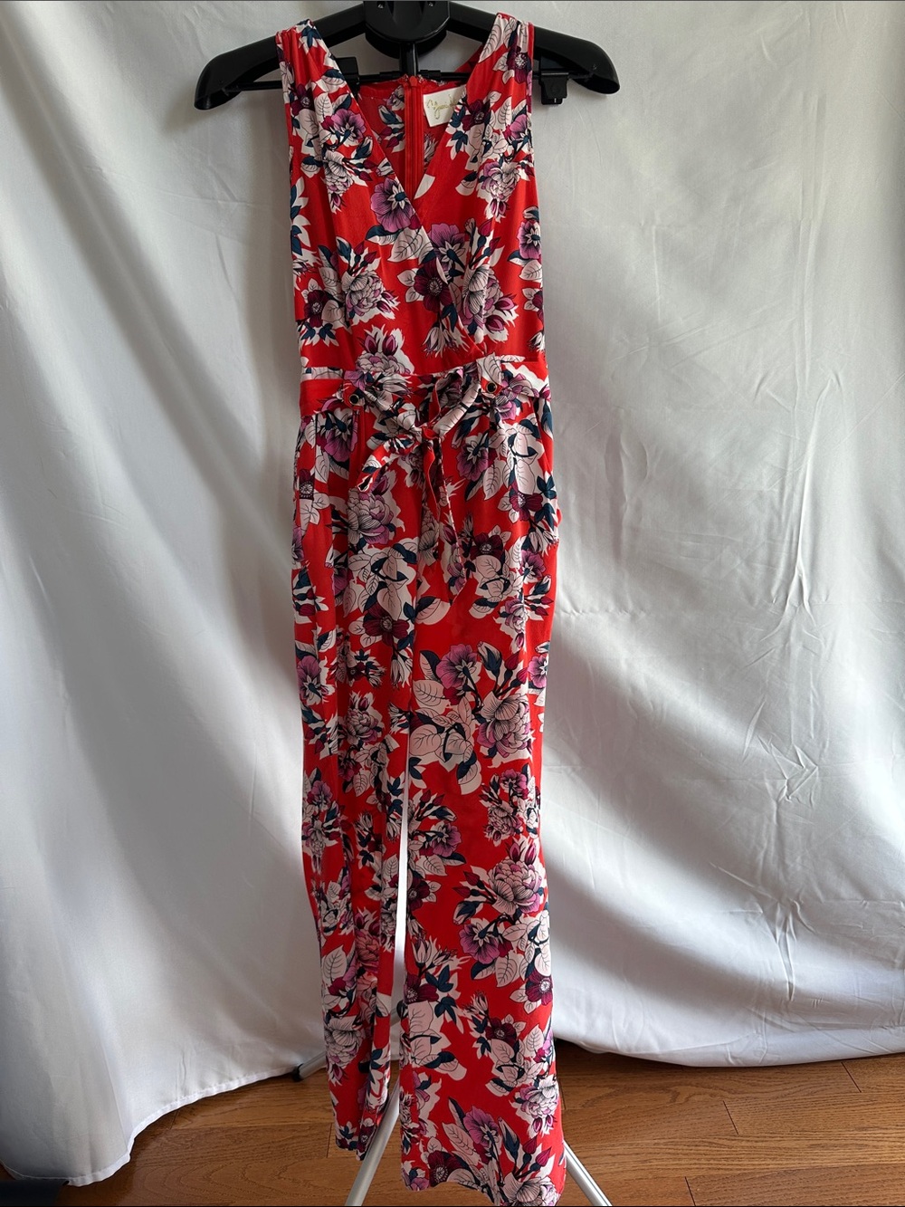 Yumi Kim 100% Silk Red Floral V-Neck Sleeveless Jumpsuit with Tie Waist